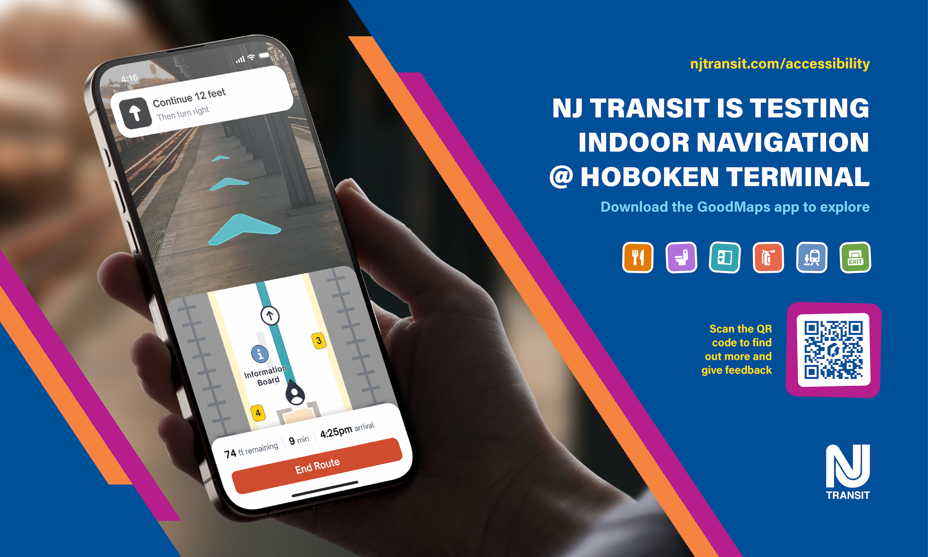 Signage for NJ Transit with an image of the app in use on a smartphone and related text.