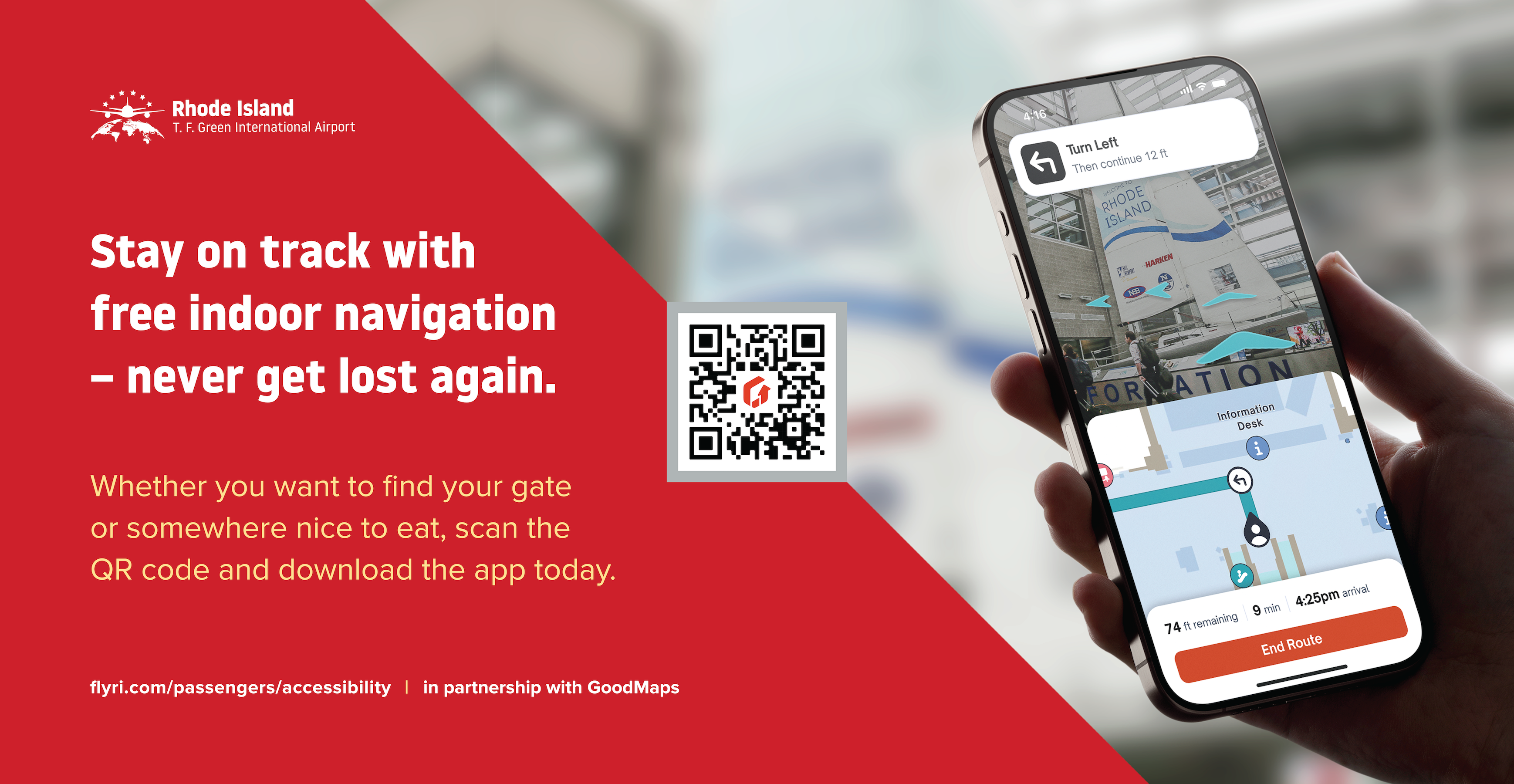 Signage for PVD airport with an image of the app in use on a smartphone and related text.
