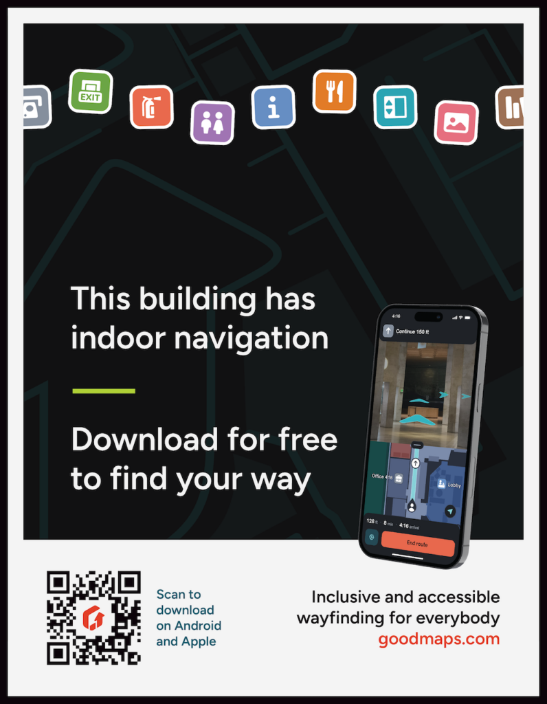 A poster depicting the GoodMaps app on a smartphone as well as icons signifying restroom, exit, eateries, etc.