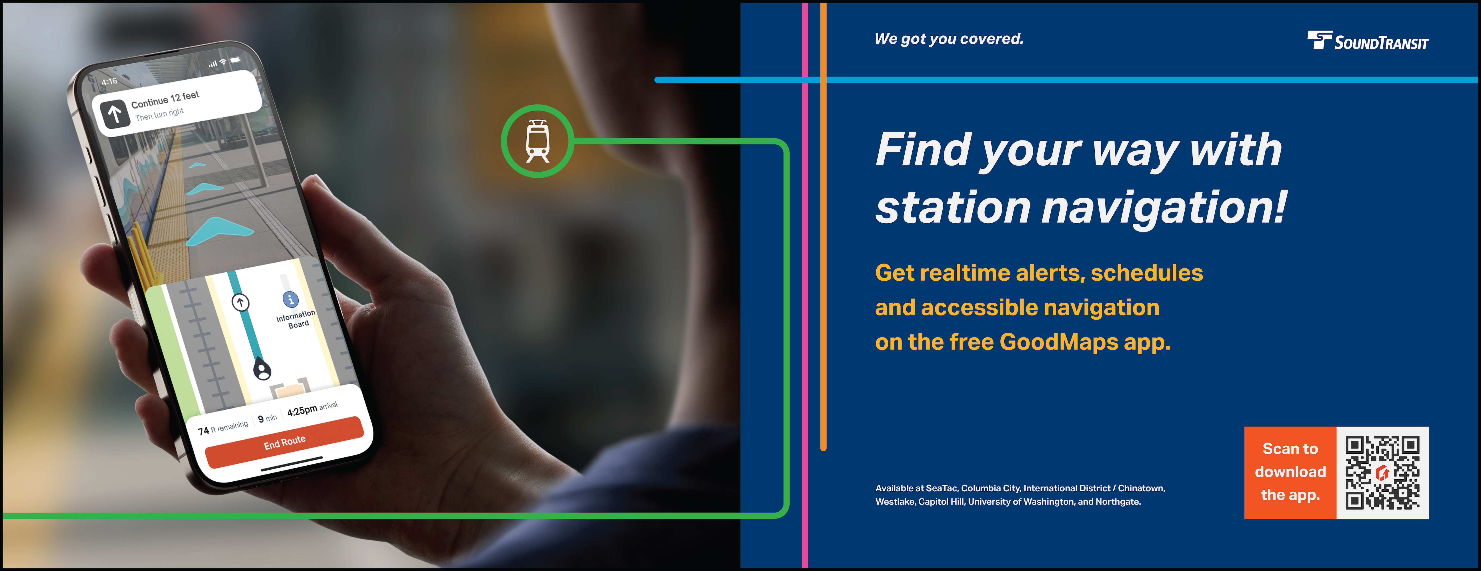 Signage for Sound Transit with an image of the app in use on a smartphone and related text.