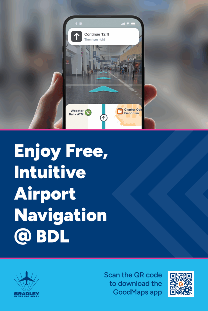 The sign is divided in two, with the top depicting the GoodMaps app in usage at BDL and the other half with the text: Enjoy Free, Intuitive Airports Navigation @ BDL. Scan the QR code to download the GoodMaps app.