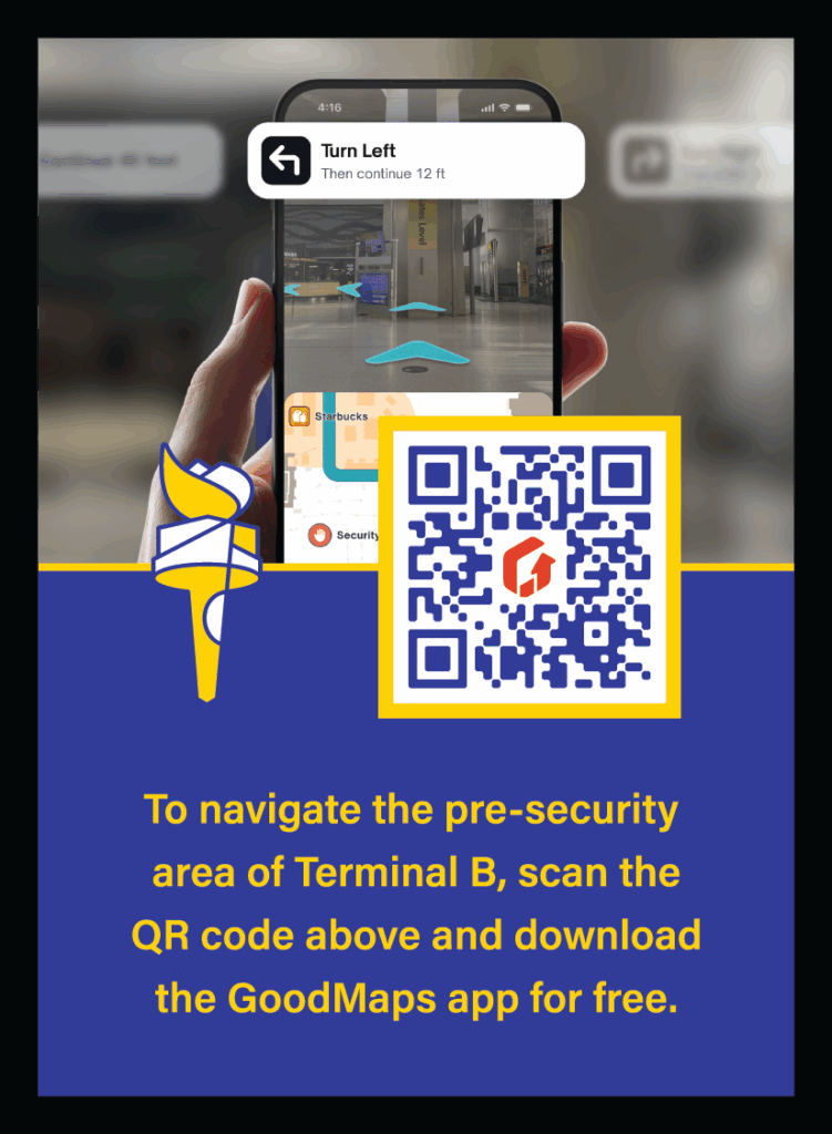 A lanyard insert with an image of the app in use at EWR at the top, a QR code and EWR logo in the middle, and at the bottom the text: To navigate the pre-security area of Terminal B, scan the QR code above and download the GoodMaps app for free.