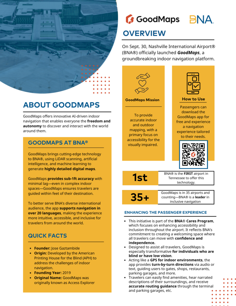 GoodMaps and BNA one-page flyer describing the launch of GoodMaps indoor navigation at Nashville International Airport, including overview, mission, app usage instructions, key facts, statistics, and benefits for travelers, especially those who are blind or have low vision.