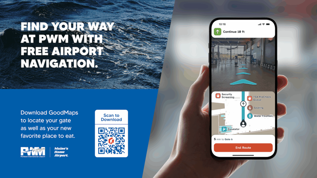 A promotional image for Portland International Jetport (PWM) showing the GoodMaps app on a smartphone, guiding a traveler through the airport. The left side features text: “Find your way at PWM with free airport navigation,” a QR code to download GoodMaps, and the Portland International Jetport and Maine’s Home Airport logos. The app interface displays indoor navigation directions and amenities such as security screening, seating, water fountain, and TSA PreCheck queue.