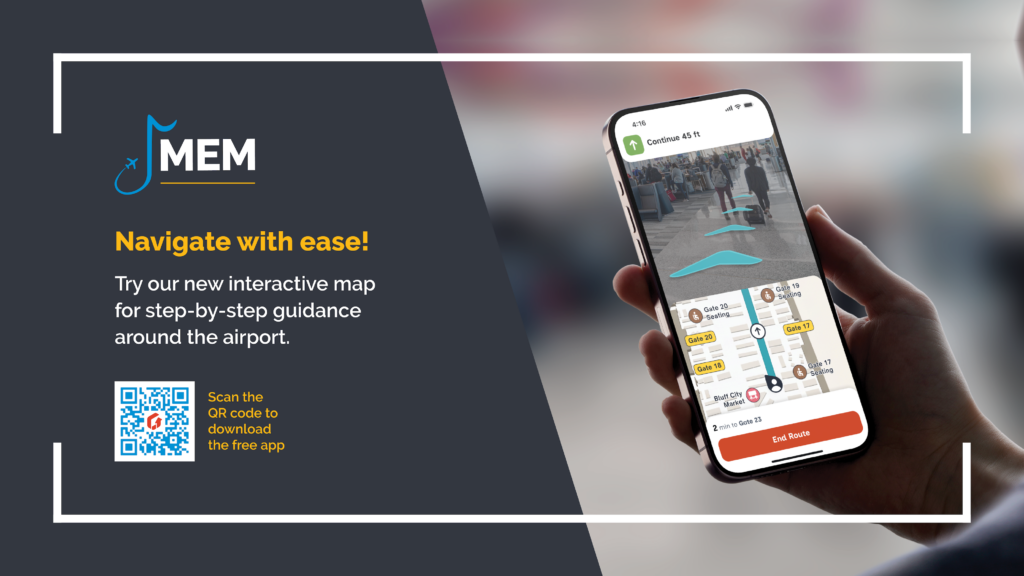 Promotional graphic for MEM airport showing a hand holding a smartphone with an indoor navigation map on the screen, alongside text that reads “Navigate with ease! Try our new interactive map for step-by-step guidance around the airport” and a QR code to download the free app.