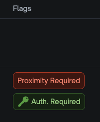The Proximity Required button has a red background and light red text, while the Auth. Required button is dark green with light green writing.