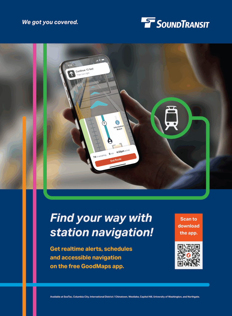 Sound Transit poster showing a person holding a smartphone with a navigation app, offering realtime alerts, schedules, and accessible station navigation via the GoodMaps app, and a QR code for downloading the app.