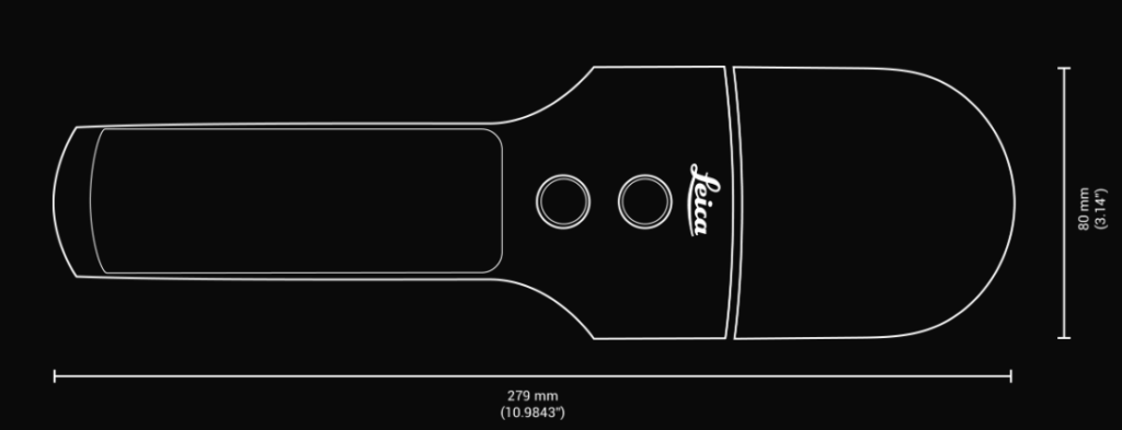 Technical line drawing of a Leica handheld LiDAR scanner (BLK2GO), showing a top-down view with two buttons, the Leica logo, and dimensions labeled as 279 mm (10.9843 inches) in length and 80 mm (3.14 inches) in width.