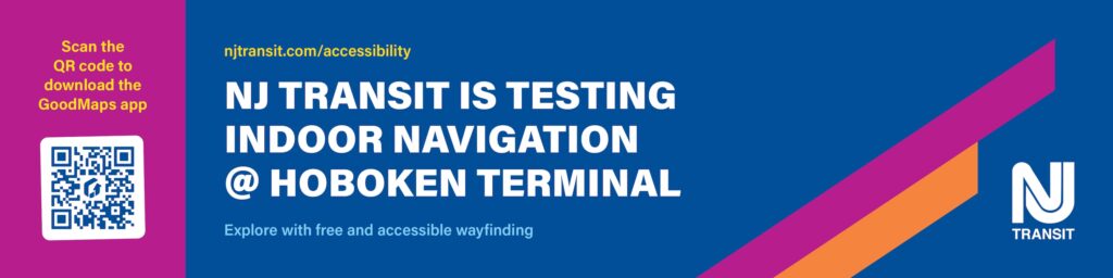 Promotional graphic for NJ TRANSIT testing indoor navigation at Hoboken Terminal, featuring directions to download the GoodMaps app and accessible wayfinding icons.