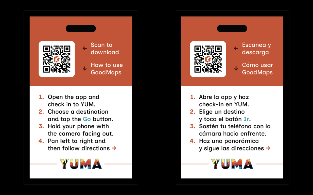 Double-sided YUMA lanyard cards showing QR codes and step-by-step GoodMaps app instructions in English and Spanish.