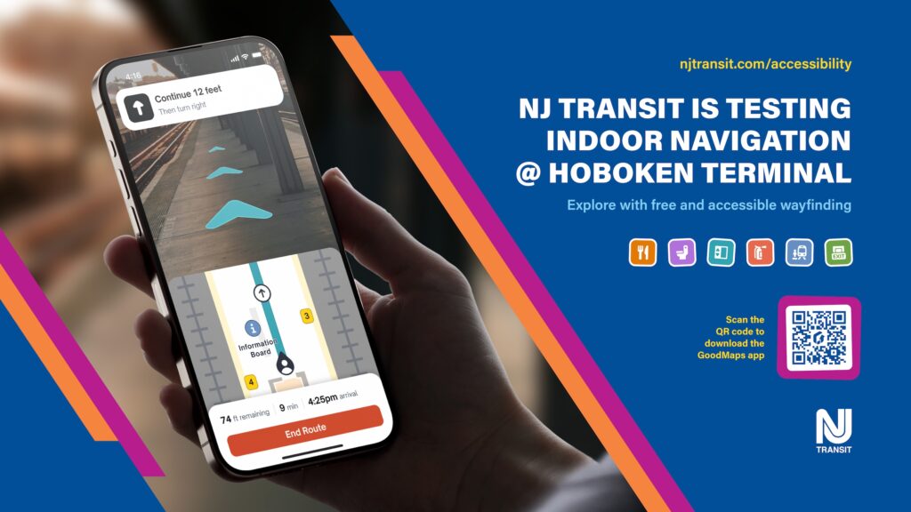 Wide-format NJ TRANSIT ad for indoor navigation testing at Hoboken Terminal with QR code for GoodMaps app and accessible navigation symbols.