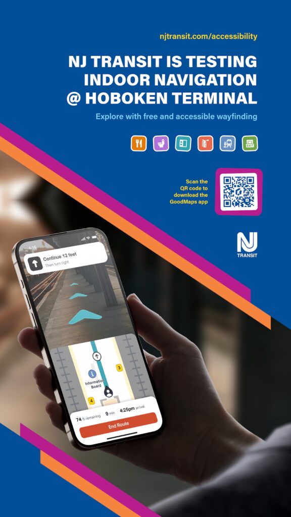 Close-up of a person holding a smartphone with a navigation route displayed, promoting NJ TRANSIT's indoor wayfinding at Hoboken Terminal.