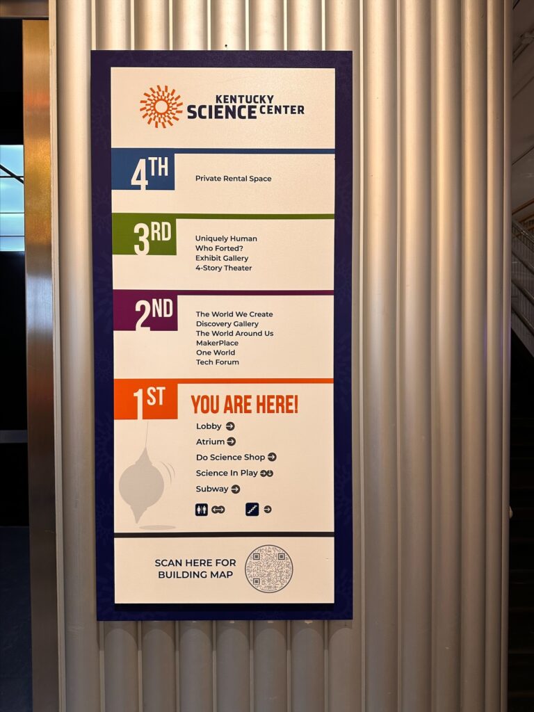 Vertical directory sign at Kentucky Science Center listing exhibits and theater by floor with a 'You Are Here' marker and QR code for the building map.