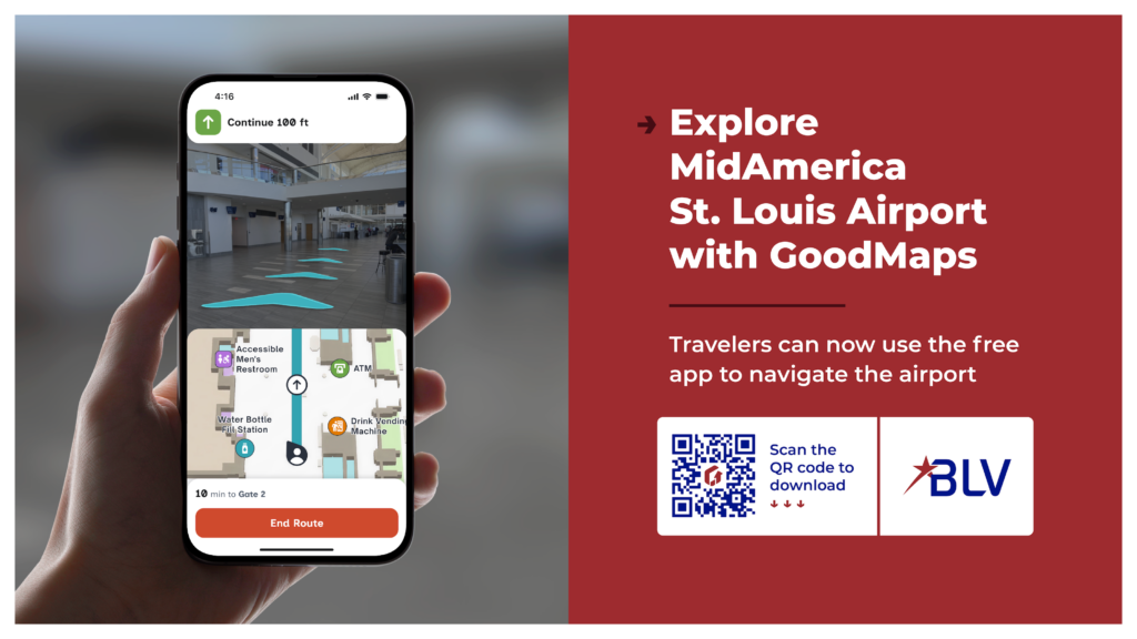 Digital advertisement showing a hand holding a smartphone displaying GoodMaps’ indoor navigation app, alongside text that reads ‘Explore MidAmerica St. Louis Airport with GoodMaps. Travelers can now use the free app to navigate the airport,’ with a QR code and BLV logo on a red background.